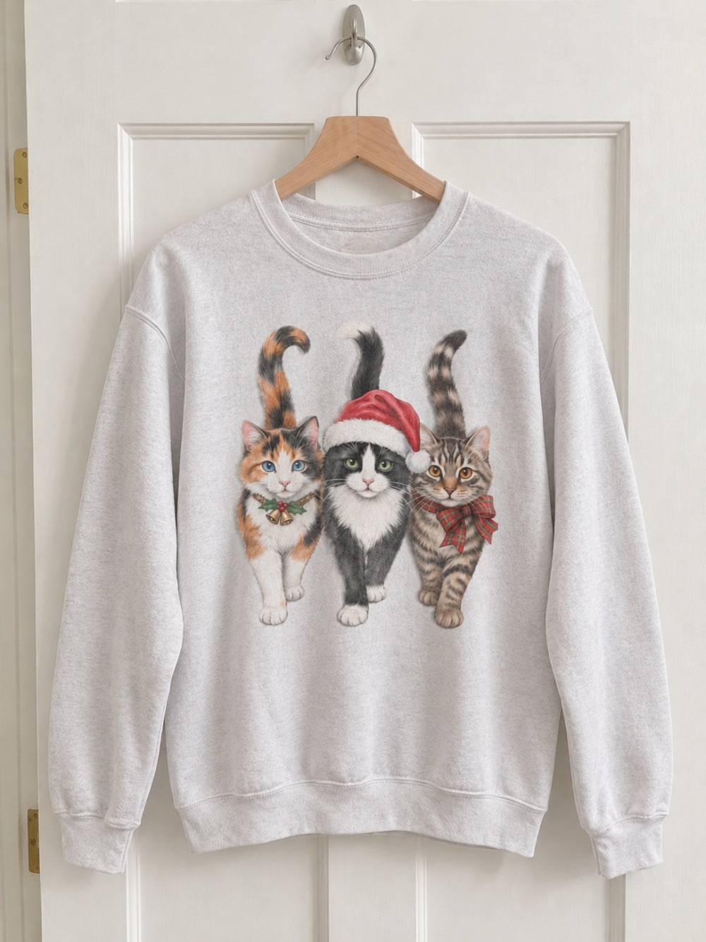 Gildan Light Gray Sweatshirt with Festive Three-Cat Graphic